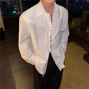 韩系白色衬衫男文艺气质宽松长袖折袋设计感衬衣西装领寸衫薄外套图片