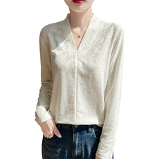 2025春新款衬衣女长袖设计感时尚提花天丝莱塞尔V领宽松长袖上衣，女装衬衫，朝贺羊绒