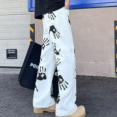 水墨手掌印花白色牛仔裤高街hiphop潮炸街直筒长裤K7112-P45网图，男装牛仔裤，电商B245