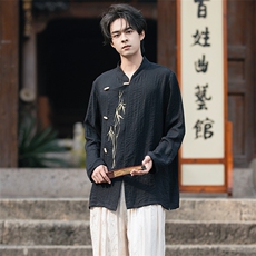 新中式潮风（折枝金竹）棉麻绣花木头扣大码宽松长袖衬衫男女款，男装衬衫，星座305A（原312A-1）