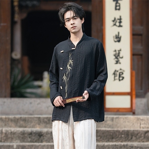 新中式潮风（折枝金竹）棉麻绣花木头扣大码宽松长袖衬衫男女款图片