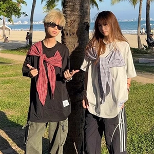 拼接格子布装饰 高品质260克双纱纯棉美式高街短袖T恤 特P35图片