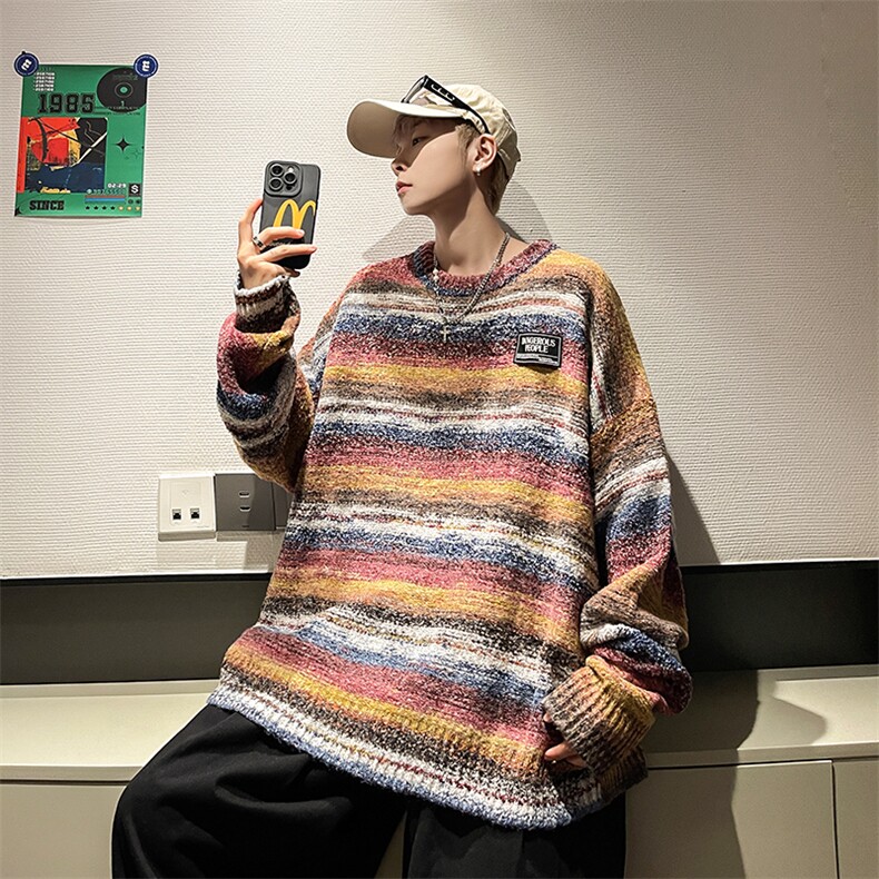 秋款男圆领套头毛衣条纹扎染拼色针织衫贴标外套M6504P60,男装针织衫/毛衣,星座1013-1