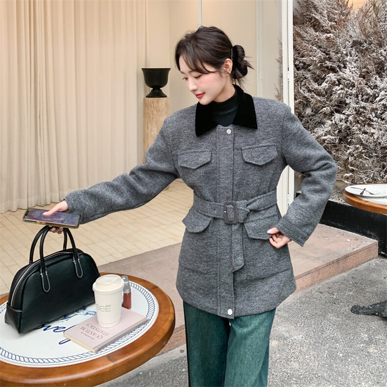 【主推】设计感大口袋保暖夹棉毛呢外套配腰带A354-P180-K265,女装棉衣/棉服,2D148