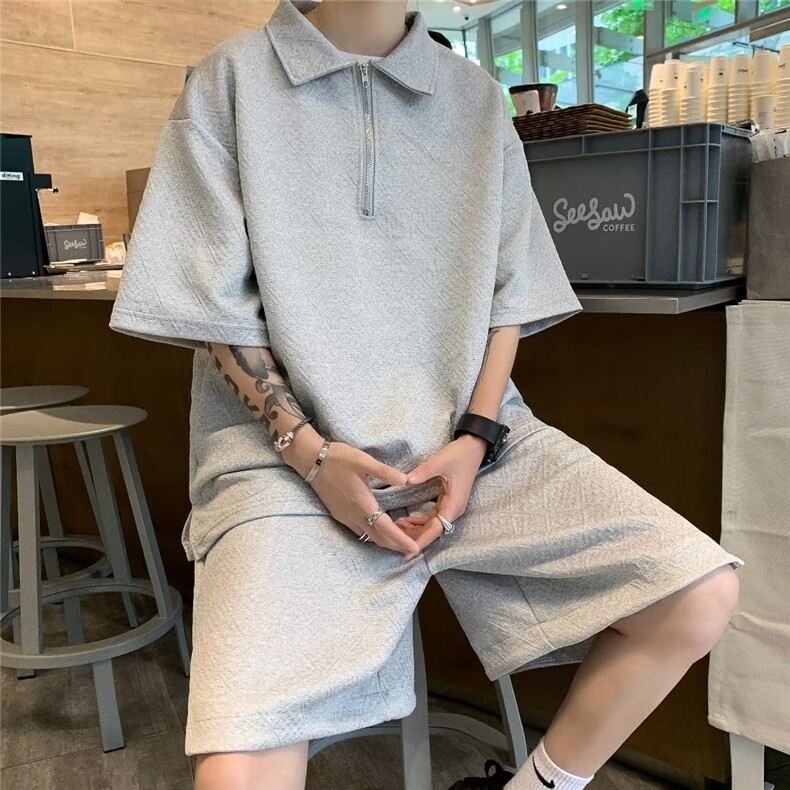 简约半拉链polo领t恤短裤两件套夏季男女纹理休闲套装W4867-P49，男装休闲套装，星座412-3
