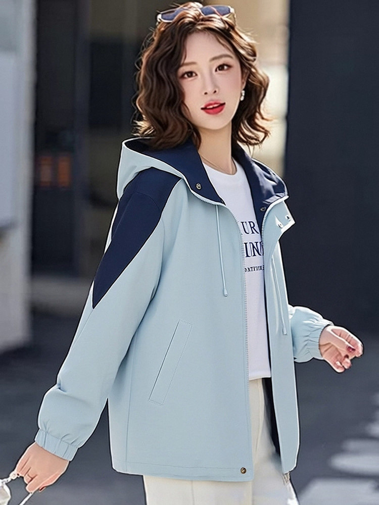 （现货）连帽拼接撞色外套女休闲时尚小个子百搭风衣,女装短外套,韩蔻秀