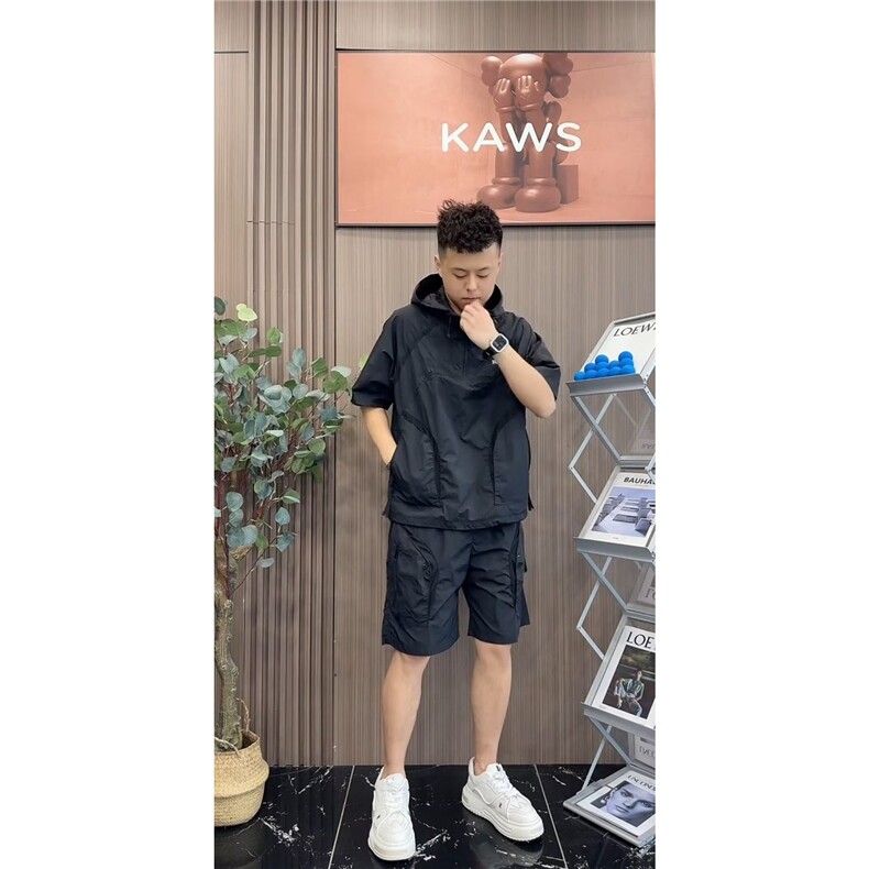 夏季男士休闲时尚百搭潮牌简约透气高级工装速干连帽短袖短裤套装,男装休闲套装,星座506A