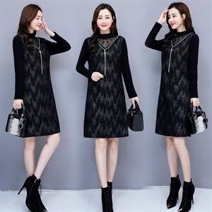 链条绣花植绒中长款长袖2020年冬季半高领纯色连衣裙,女装连衣裙,安之芮娜