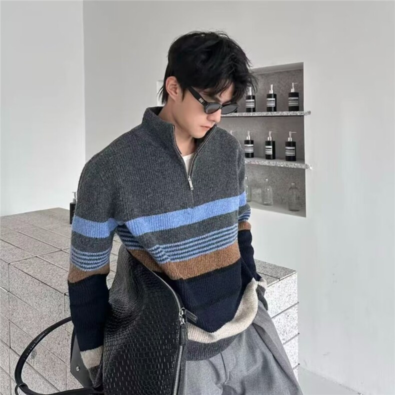 立领条纹毛衣新款韩版潮流宽松套头半拉链针织衫上衣MYF307,男装针织衫/毛衣,星座516A