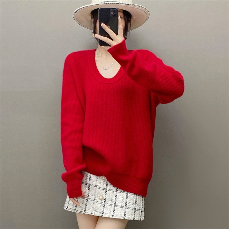 欧货秋冬软糯纯山羊绒衫女毛衣U型圆领加厚针织宽松套头打底衫，女装羊绒衫，织绒羊