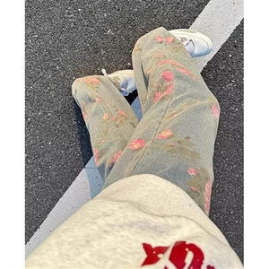玫瑰满印花牛仔裤男秋冬cleanfit提花裤子直筒微喇弯刀裤 N1311图片