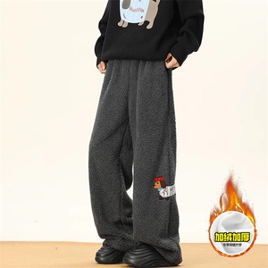冬季美式刺绣羊羔毛棉裤男女情侣加绒加厚保暖宽松休闲阔腿长裤子图片