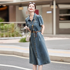 高级感薄款牛仔连衣裙女夏季2025新款收腰气质复古休闲短袖衬衫裙，女装连衣裙，瑶迪依秀