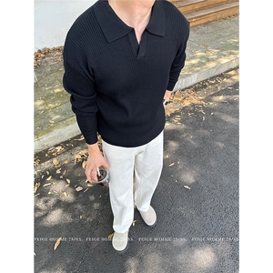 MRCYC翻领针织Polo衫男士秋冬季韩系宽松慵懒风纯色套头长袖毛衣图片