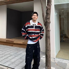 秋冬美式复古慵懒条纹做旧磨烂流苏针织衫翻领毛衣，男装针织衫/毛衣，星座716-2