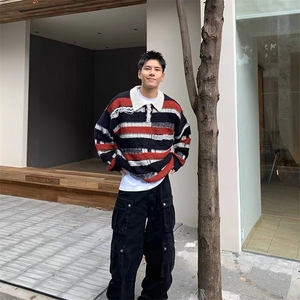 秋冬美式复古慵懒条纹做旧磨烂流苏针织衫翻领毛衣图片