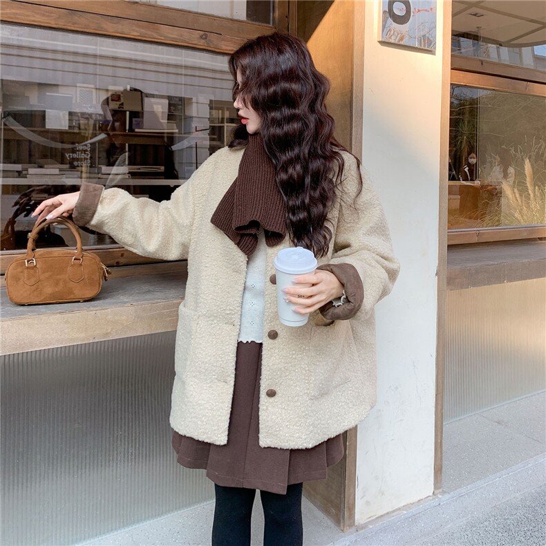 韩系针织围巾小香风羽绒服女2025冬季高级感白鸭绒内胆羊羔毛外套,女装羽绒服,艾米莉亚