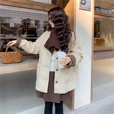 韩系针织围巾小香风羽绒服女2025冬季高级感白鸭绒内胆羊羔毛外套，女装羽绒服，艾米莉亚