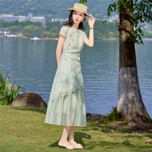 2026新中式改良旗袍连衣裙女夏季复古风立领刺绣假两件中长裙子图片