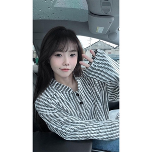 美式高街千鸟格子长袖T恤男女亨利V领英伦雅痞休闲宽松长袖打底衫图片