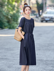 短袖休闲天丝牛仔连衣裙女2024夏季新款韩版薄款收腰显瘦中长裙子，女装连衣裙，姿衣坊