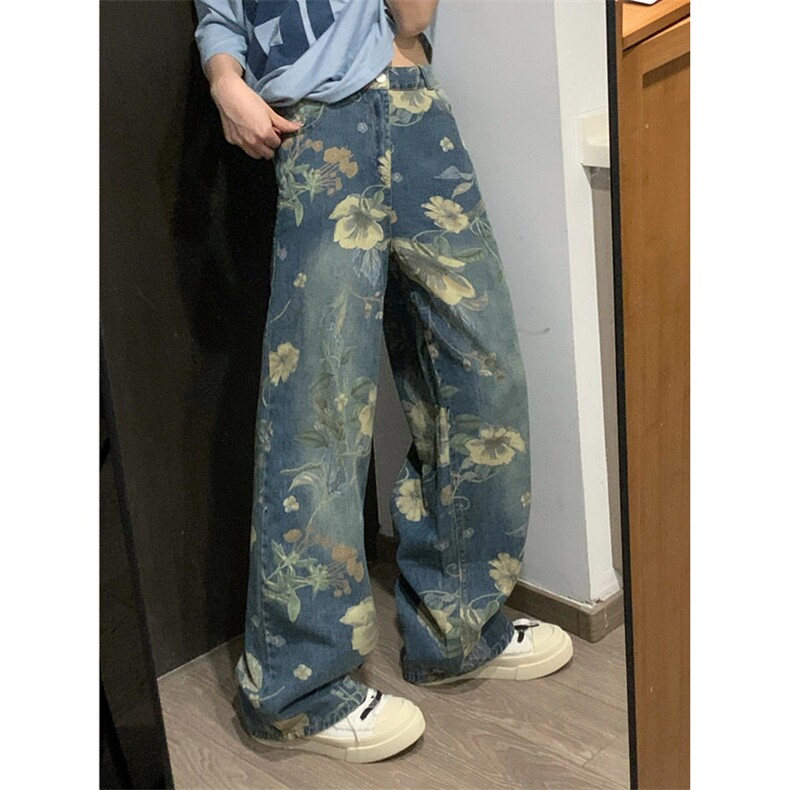 潮美式复古花卉印花牛仔裤男夏小众宽松垂感阔腿拖地裤N7719,男装牛仔裤,星座1116A（原606A-3）
