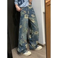 潮美式复古花卉印花牛仔裤男夏小众宽松垂感阔腿拖地裤N7719，男装牛仔裤，星座1116A（原606A-3）