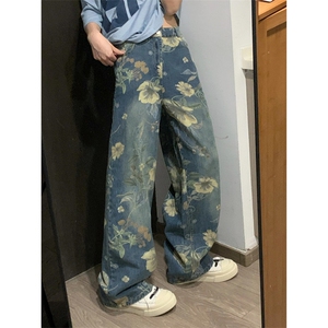 潮美式复古花卉印花牛仔裤男夏小众宽松垂感阔腿拖地裤N7719