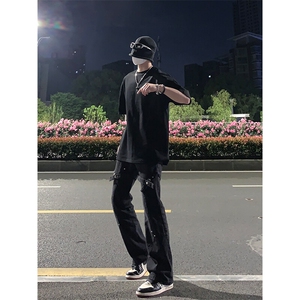 已授权 美式hiphop裤子高街vibe交叉绑带牛仔裤修身直筒微喇叭裤图片