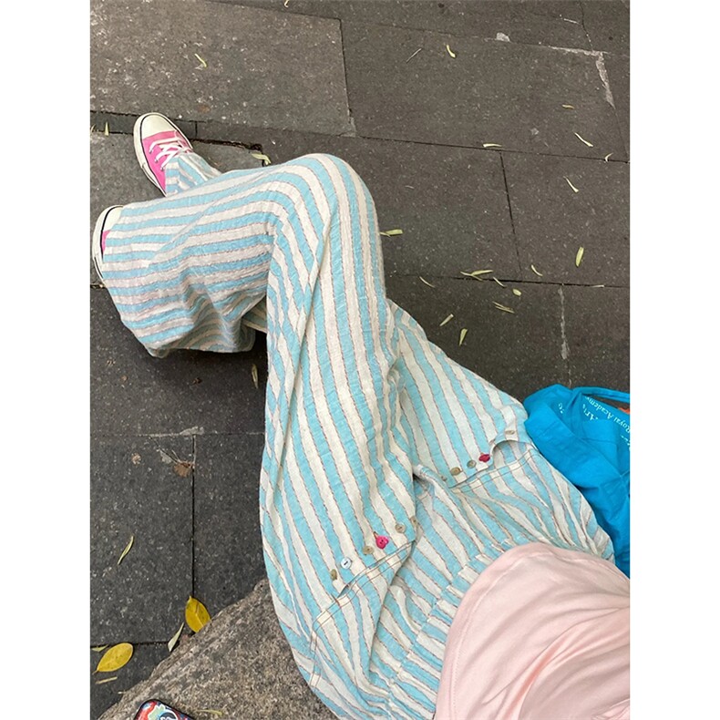 薄荷绿色贝壳扣条纹裤子男女款夏季设计感宽松慵懒长裤CCBN05-P53,男装休闲裤,星座1007（原301D）