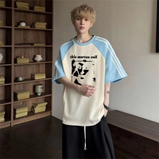 抖音得物品质二开240克宽松纯棉美式潮牌插肩三杠织带短袖T恤，男装T恤，电商A486
