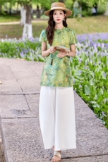 新中式印花盘扣上衣+阔腿裤两件套，女装套装/套裙，鑫鑫美