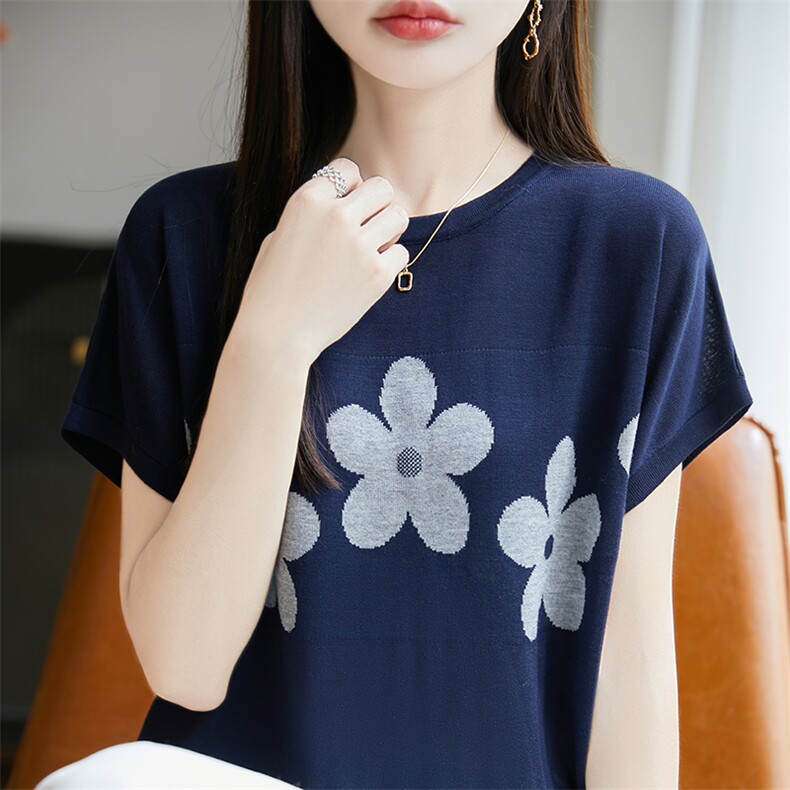 圆领拼色100%莱赛尔天丝针织短袖T恤女薄款显瘦上衣宽松半袖打底,针织衫/毛衣,郡淞羊绒
