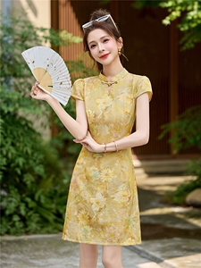 新中式改良旗袍连衣裙女夏复古印花收腰显瘦A字裙气质图片