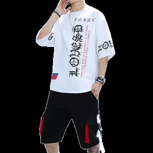 新款夏季潮流时尚T恤男装青少年宽松休闲圆领套装单衣F178P70图片