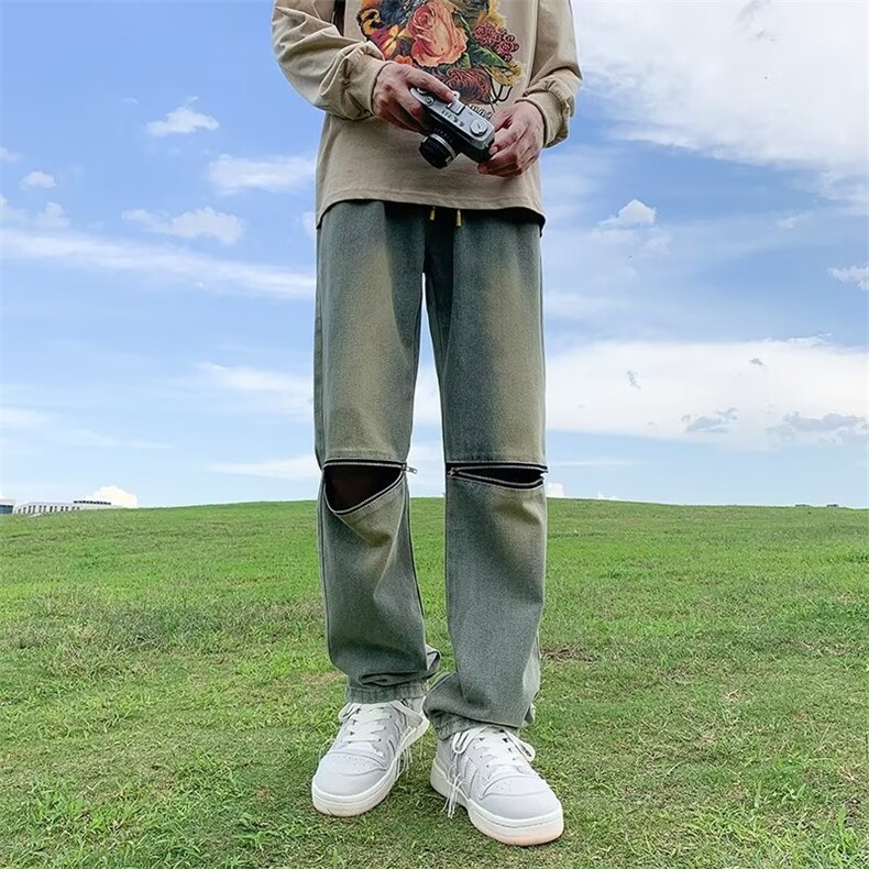 美式高街牛仔裤男韩版潮流膝盖拉链个性2023夏款ins长裤RK779-P42,男装牛仔裤,星座412-3