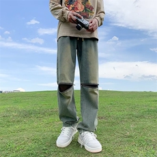 美式高街牛仔裤男韩版潮流膝盖拉链个性2023夏款ins长裤RK779-P42，男装牛仔裤，星座412-3