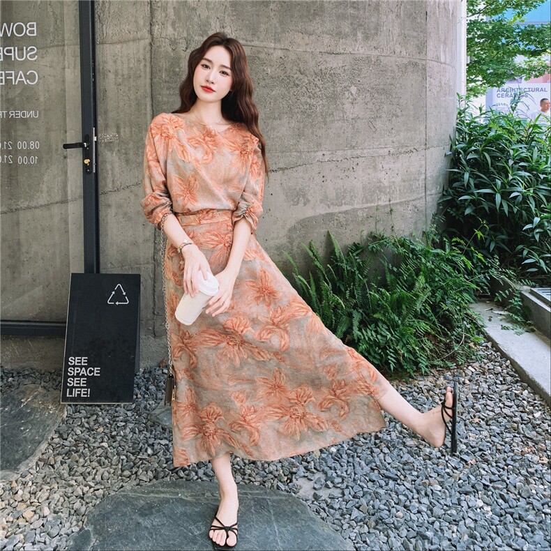 法式复古时尚印花套装裙女2025夏季新款气质高腰半身裙显瘦两件套图片