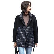 冬季新款格纹拼接时尚双面呢羊绒外套立领潮流女，女装毛呢外套，美吧服饰