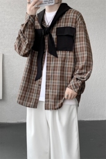春夏新品原创小众设计感连帽系带长袖衬衫男士拼接格纹长袖衬衣潮，男装衬衫，电商B319