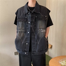 美式高街蜘蛛刺绣牛仔马甲背心男女潮牌宽松无袖外套W5087-P60，男装背心/马甲，星座412-3