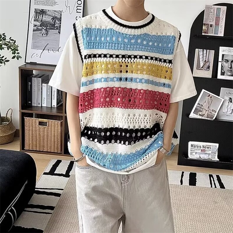 762-P33美式复古撞色条纹背心男款夏季潮牌针织镂空衣服坎肩毛衣,男装T恤,电商B323A