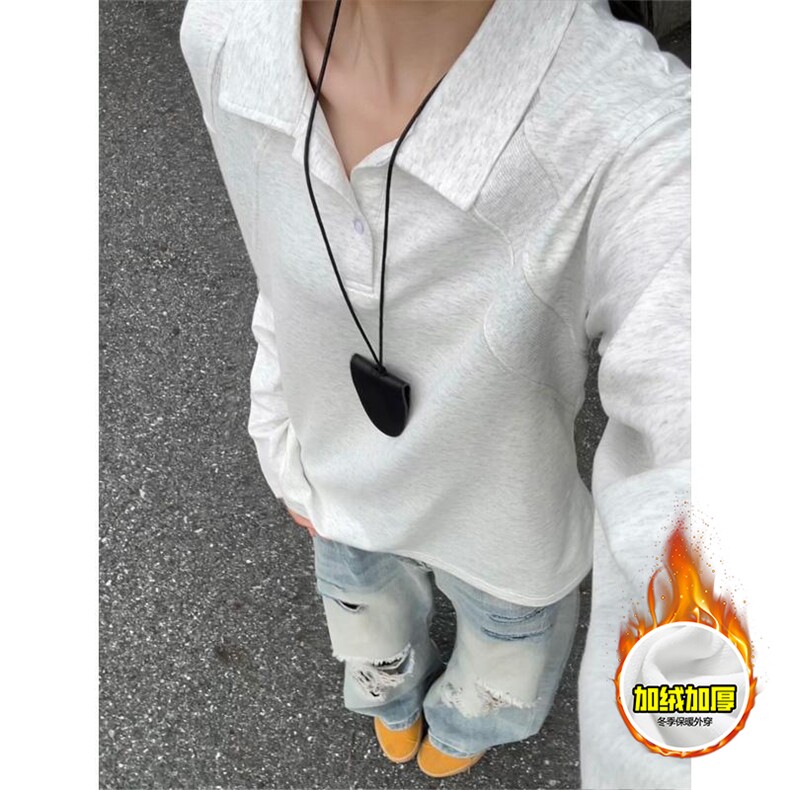 抖音得物高品质美式高街重磅曼巴棉结构螺纹拼接翻领卫衣长袖T恤图片