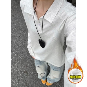 抖音得物高品质美式高街重磅曼巴棉结构螺纹拼接翻领卫衣长袖T恤图片