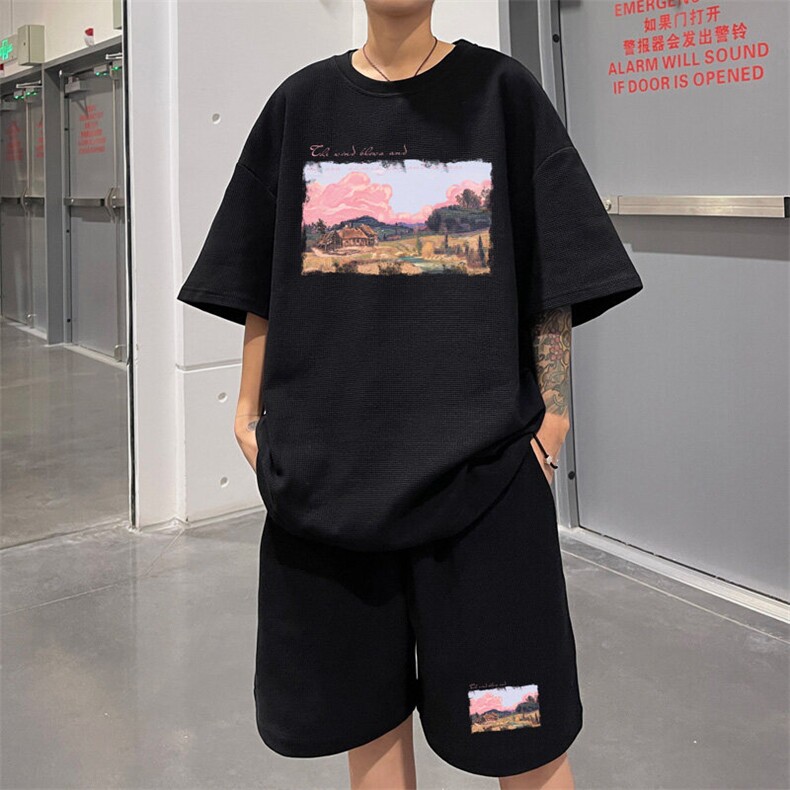 ！2025夏季新款男士华夫格短袖套装透气学生一套HTZ88P50,男装T恤,电商B220