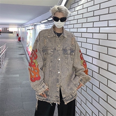 秋款男牛仔夹克衫火焰刺绣字母印花流苏外套JK8322P65，男装夹克，星座1013-1