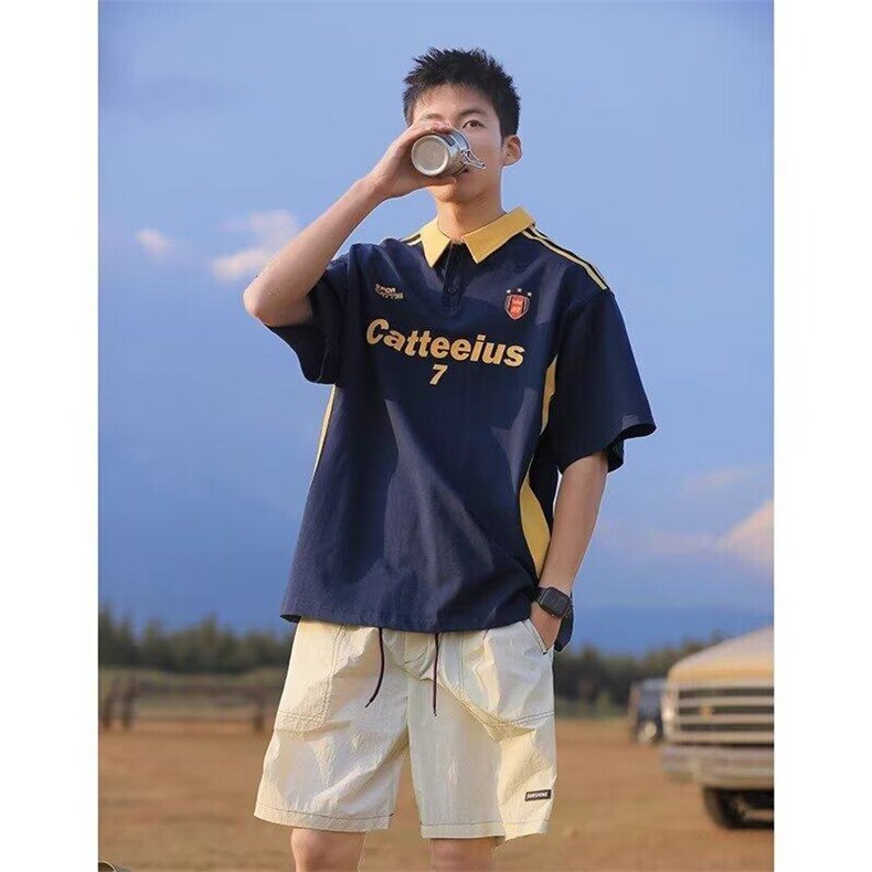 网图现货新款美式撞色条纹重磅足球风T恤男夏季休闲短袖RPL19-P45,男装T恤,星座1005-4
