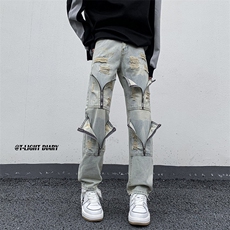 B221美式ins高街小众重工艺拉链直筒小脚牛仔裤LK23017-P65控88，男装牛仔裤，电商B221