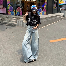 浅蓝色阔腿牛仔裤女垂感复古梨形身材夏季新款高腰宽松百搭拖地裤，男装牛仔裤，星座1210-1