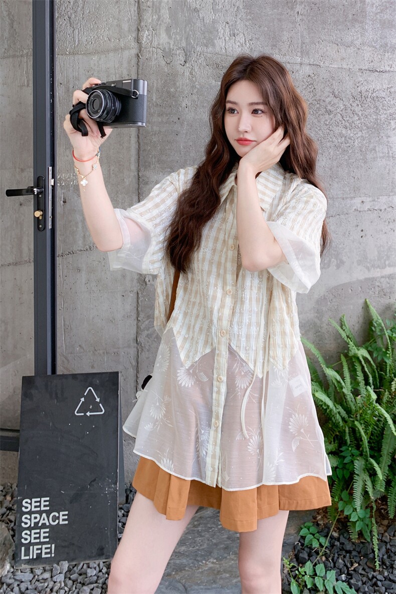 小众不撞款穿搭女2025夏新款刺绣格纹网纱拼接衬衫阔腿裙裤两件套,女装套装/套裙,2C176